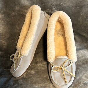 UGG Taupe Suede Shearling Moccasin Slippers with Cream Trim, 7 (runs small)